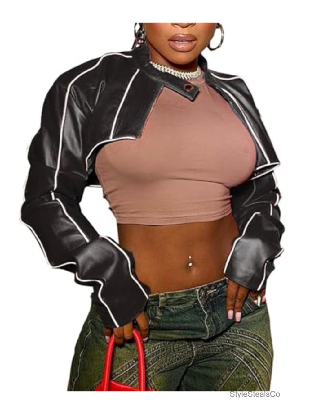 Women's Mock Neck PU Leather Crop Moto Biker Zip Up Faux Leather Slim Bolero